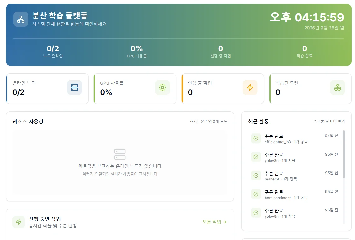 분산 AI 학습 플랫폼 대시보드 — 노드 온라인 · GPU 사용률 · 실행 중 작업 · 학습 완료 현황과 최근 활동 목록