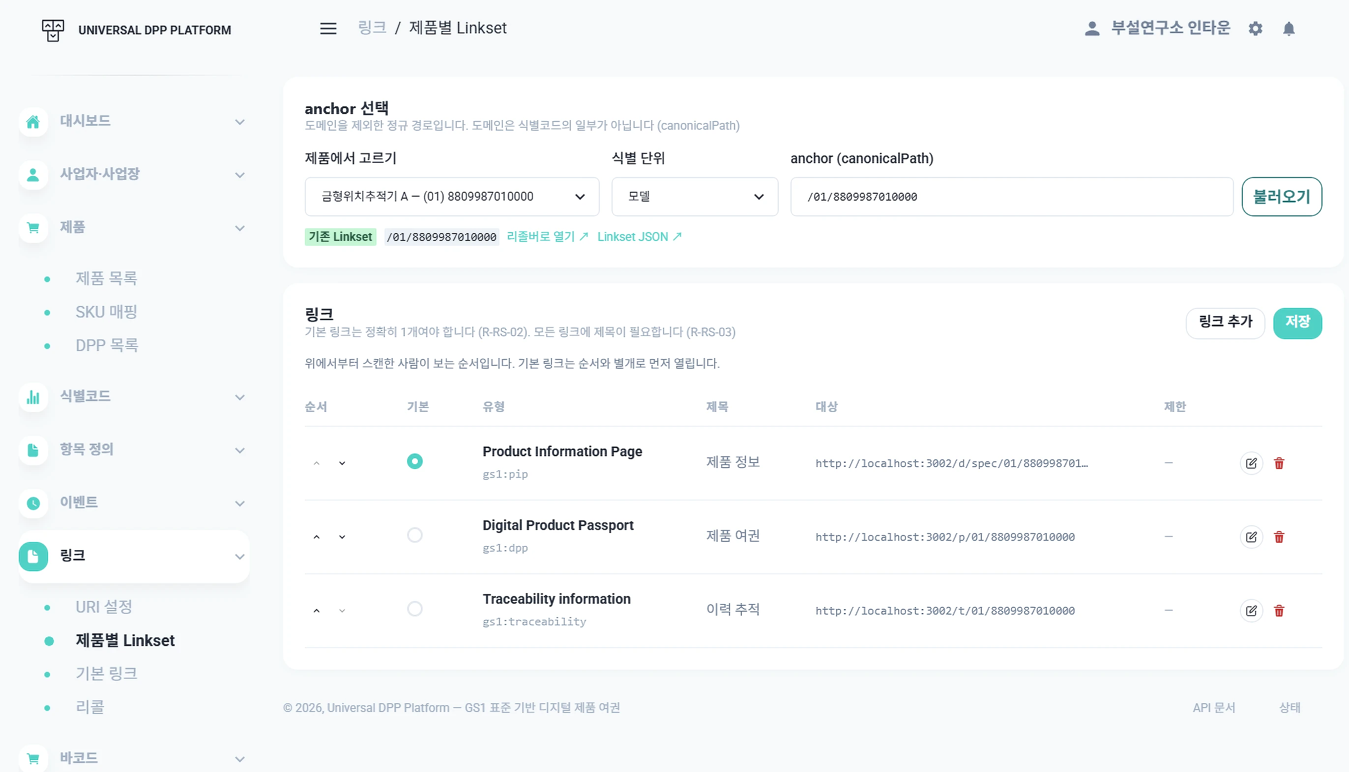 GS1 Digital Link 기반 DPP 링크 관리 대시보드 화면
