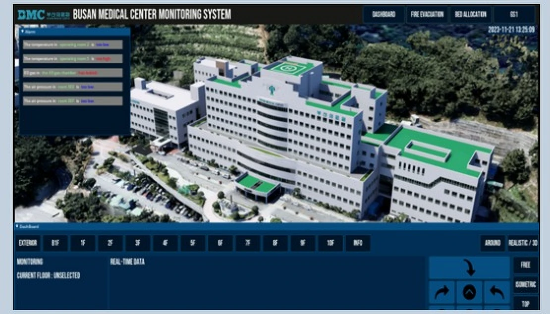 부산의료원 3D 디지털 트윈 통합관제 화면(BUSAN MEDICAL CENTER MONITORING SYSTEM)