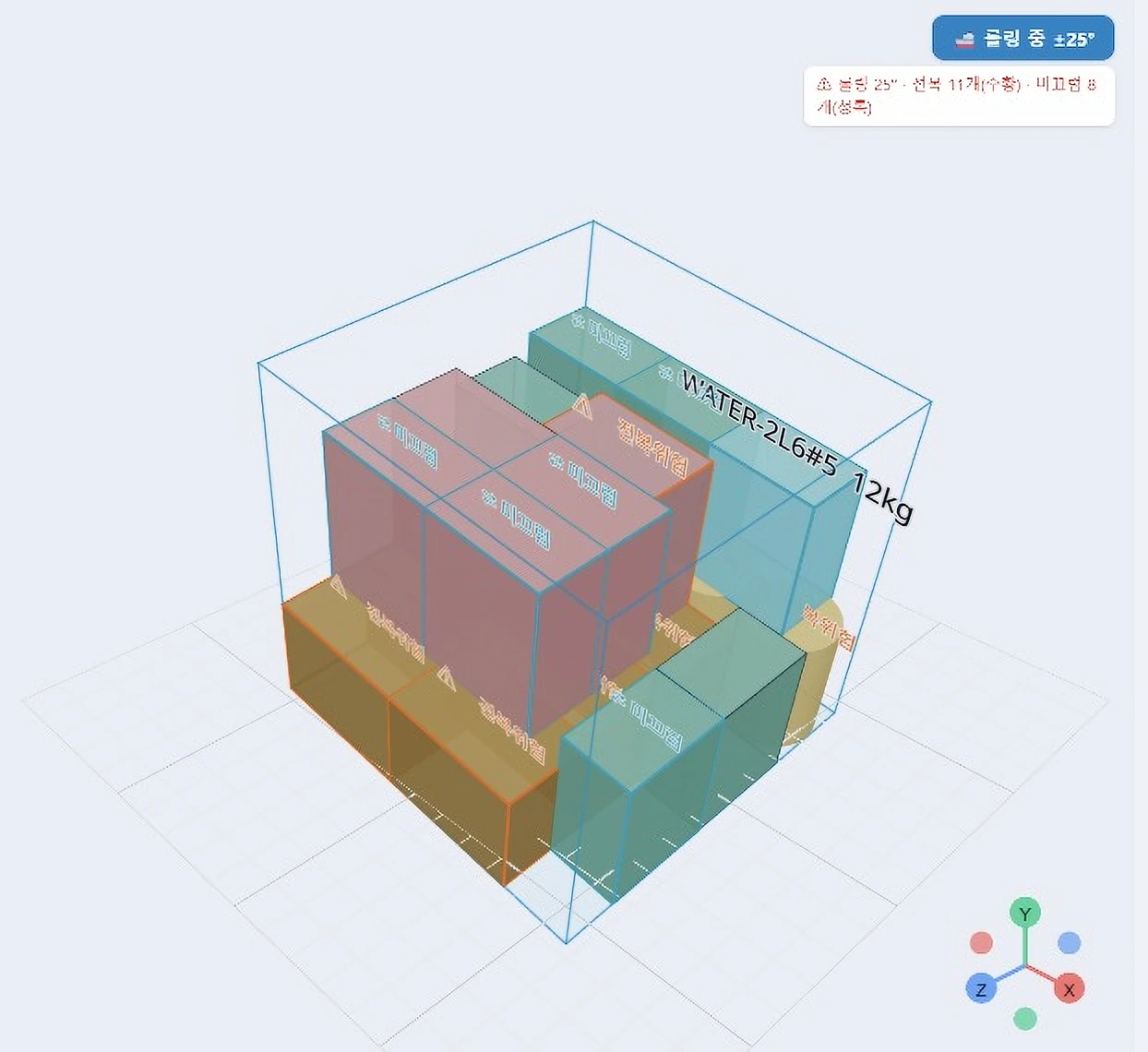 선박 롤링 ±25° 조건에서 3D 적재안을 재판정하는 화면