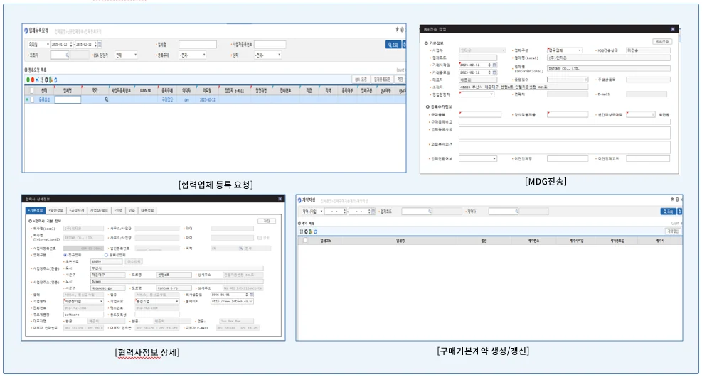 SRM 협력사 관리 화면: 협력업체 등록 요청, MDG전송, 협력사정보 상세, 구매기본계약 생성 · 갱신