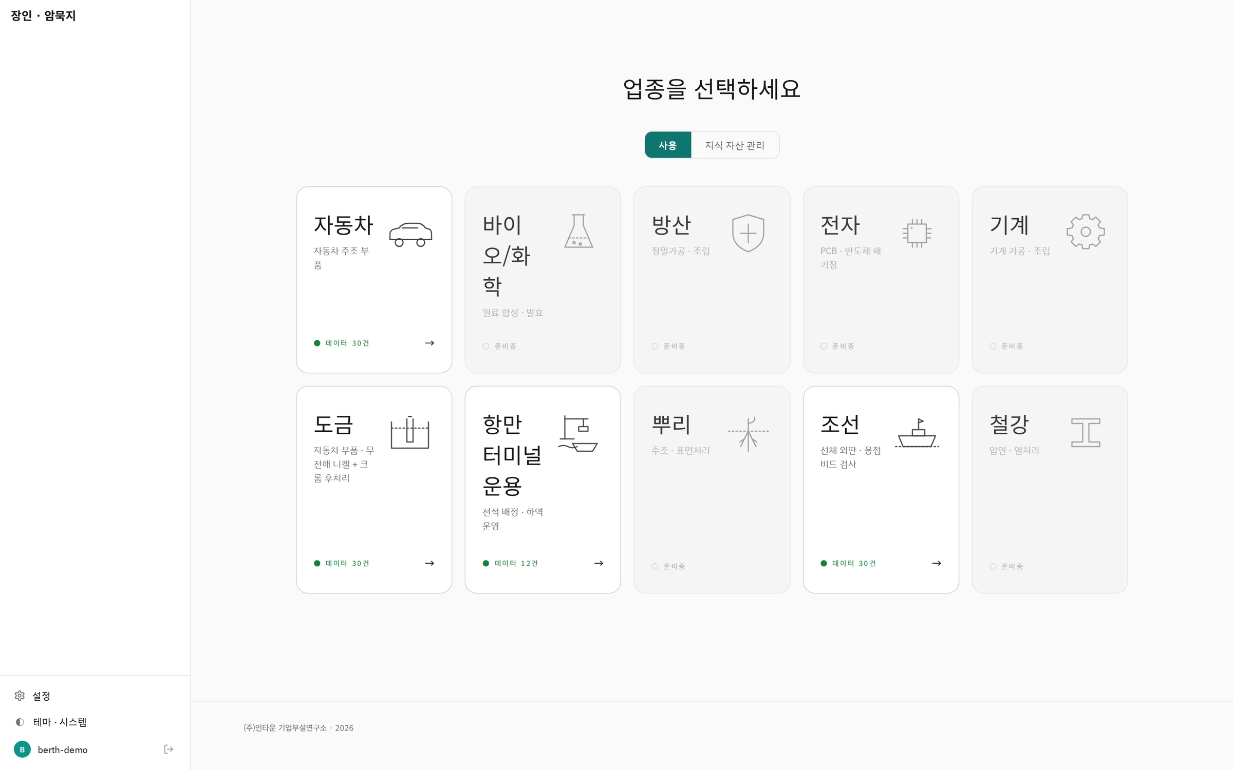 업종 선택 화면: 자동차 · 도금 · 항만 터미널 운용 · 조선 카드에 데이터가 연결되어 있고 나머지 업종은 준비 중으로 표시된 화면